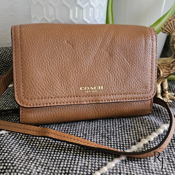 Coach Pebbled Leather Crossbody Wallet –Saddle - Picture 1 of 15